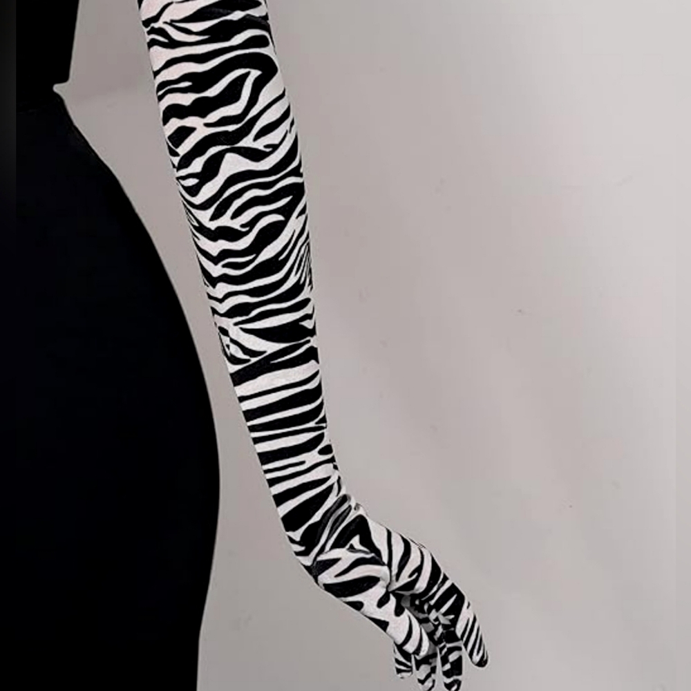 Zebra Print Elegant Black White Opera Length Gloves.